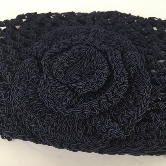 Vintage Open Knit Stretchy Cap Hat Beanie with Floral Accent in Deep Blue - Picture 3 of 5